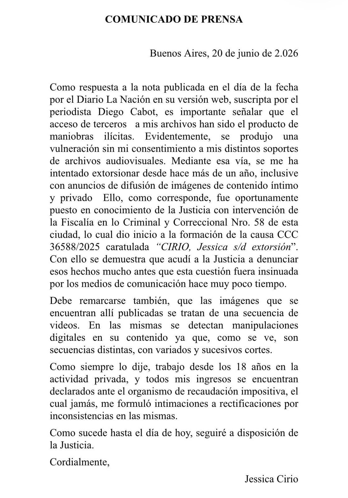 El comunicado que compartió Jésica Cirio