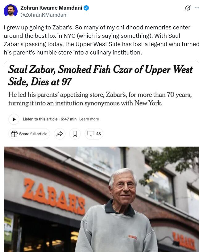 Mamdani sostuvo que Nueva York perdió a una figura clave en la industria gastronómica de la ciudad