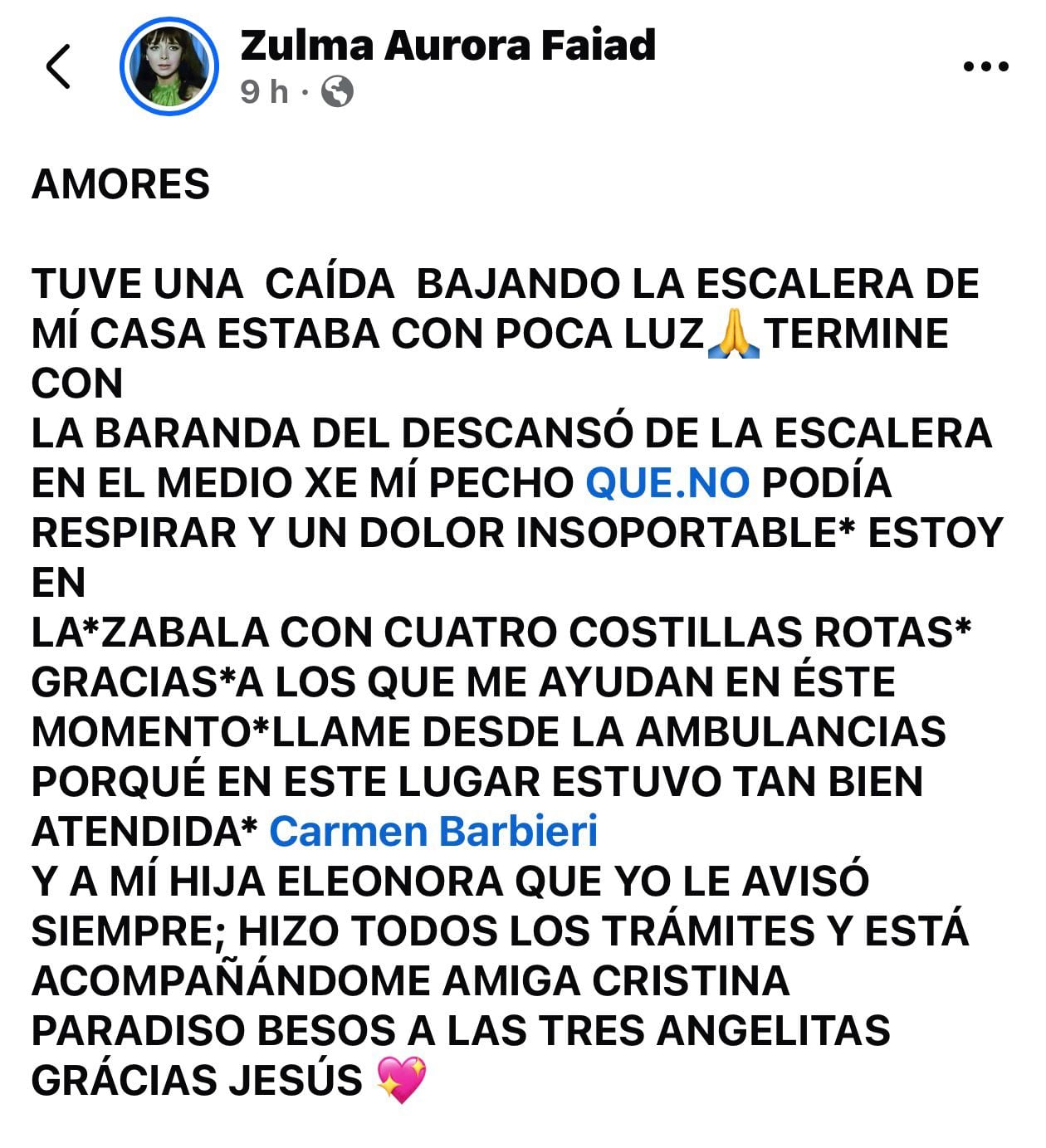 El posteo de Zulma Faiad sobre su accidente doméstico