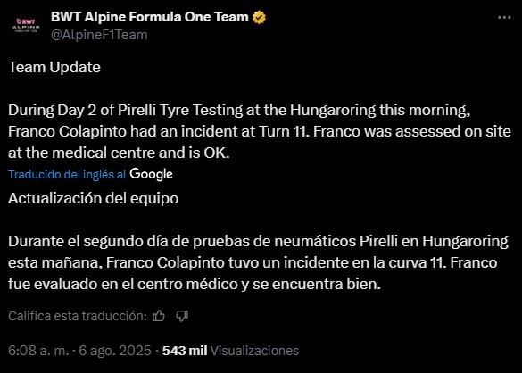 El comunicado oficial de la escudería Alpine