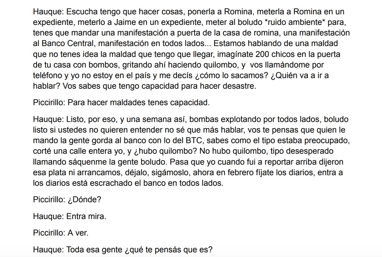 Desgrabación de los audios presentados en la causa de Piccirillo contra Hauque.