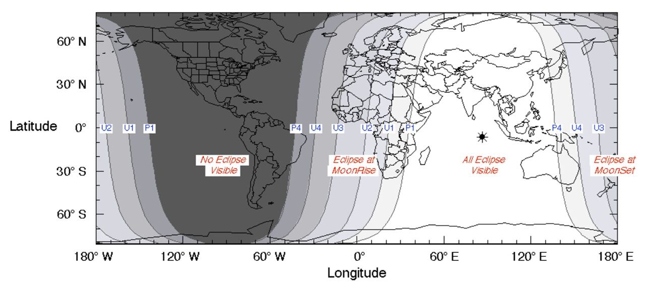 El mapa compartido por la NASA muestra la visibilidad que tendrá el eclipse lunar en el planeta