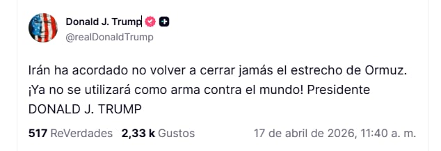 Irán reabre el estrecho de Ormuz y crece el optimismo de un acuerdo con EE.UU. 6 Publicación de Trump