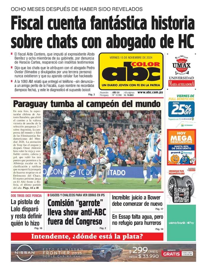 Portada del diario ABC Color tras la victoria de Paraguay ante la selección argentina