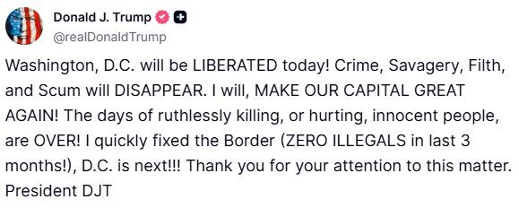 La publicación de Donald Trump sobre las medidas en Washington DC