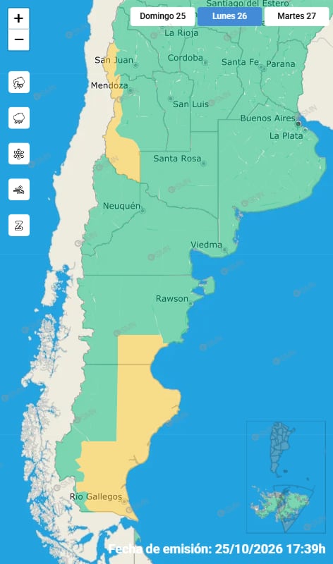 Las alertas emitidas por el SMN para este lunes 26 de octubre