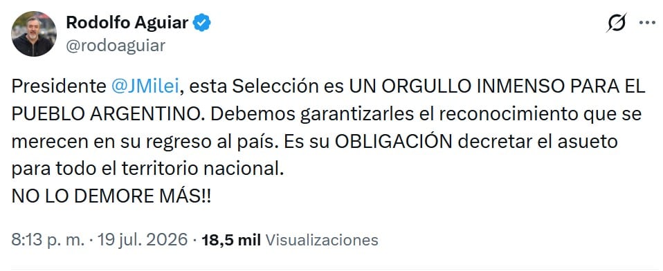 Uno de los mensajes de Aguiar al Presidente