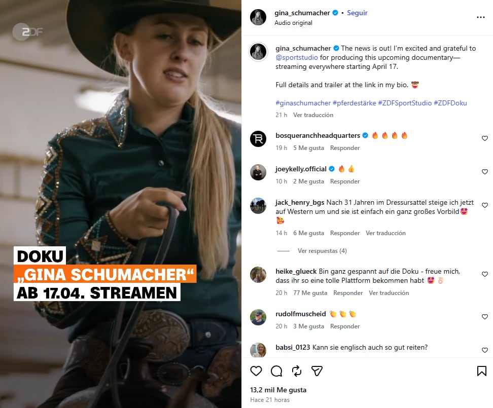 El 17 de abril saldrá un documental donde habla sobre su carrera en el deporte de los caballos y donde también aparece su madre