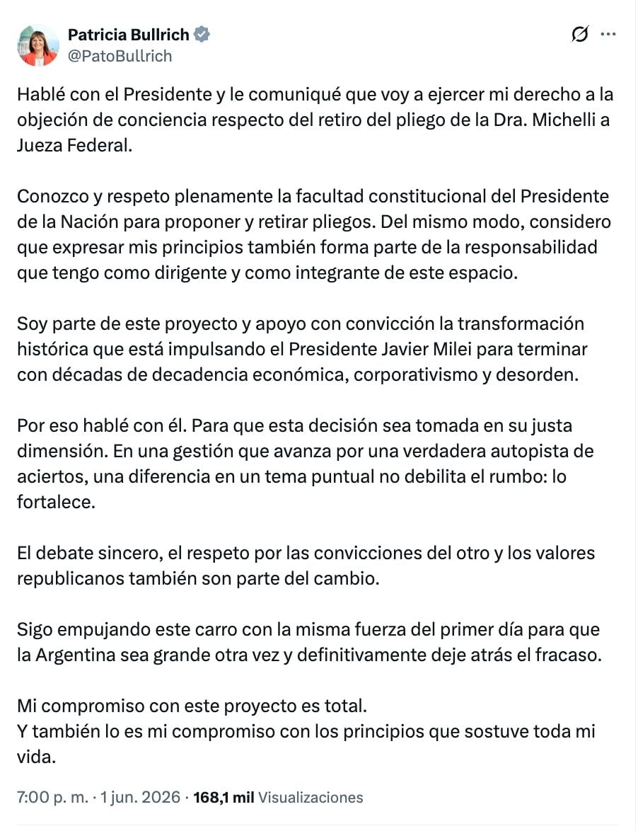 Bullrich se desmarcó del Gobierno respecto al retiro del pliego de MIchelli y se negó a votar a favor en el Senado