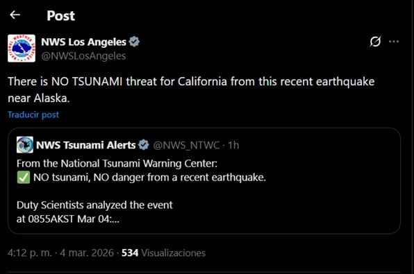 No hay alertas de tsunami para la costa del Pacifico tras el terremoto en Alaska