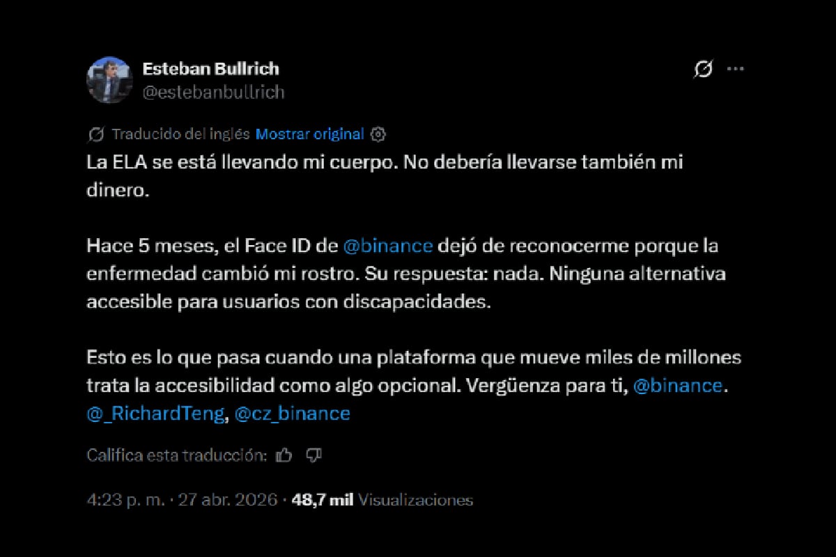 El reclamo de Esteban Bullrich a Binance en la red social X
