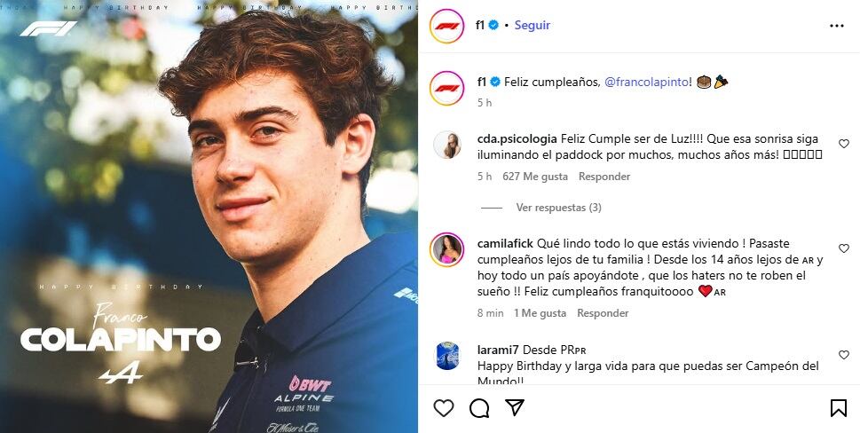 El saludo de la Fórmula 1 a Franco Colapinto