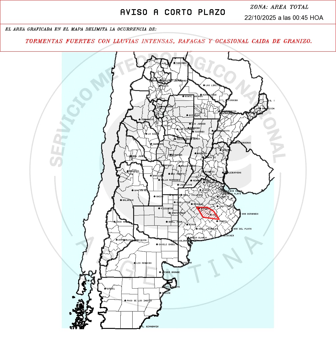 Durante la primera hora del 22 de octubre, el SMN alertó por fuertes tormentas en la zona que indica el mapa: Ayacucho, Azul, Bolívar, General Alvear, Olavarría, Rauch, Tandil y Tapalqué
