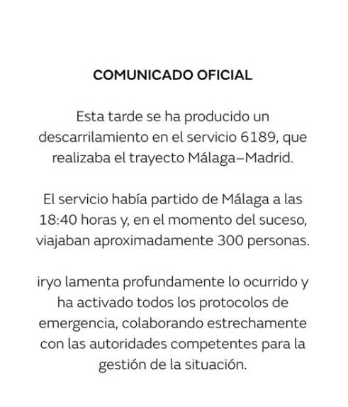 El comunicado de la empresa Iryo, de los servicios de alta velocidad ferroviaria en España de la operadora ILSA.