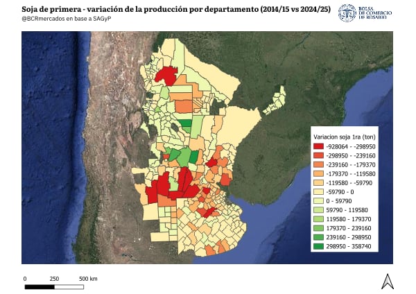 Variación de la producción de la soja de primera por departamento