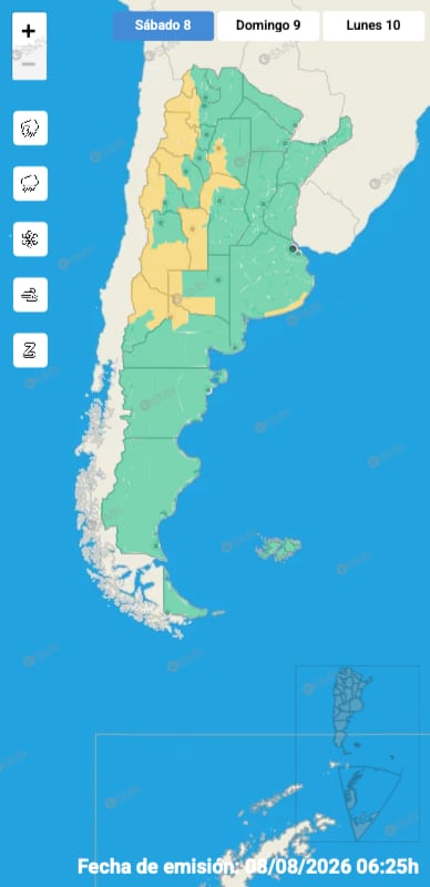 Hay alerta amarilla por frío extremo, vientos y Zonda para este sábado 8 de agosto: las provincias afectadas 6 El mapa de alertas del SMN para la jornada