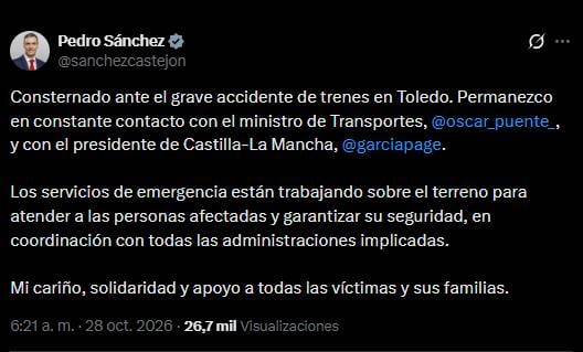El mensaje del presidente español, Pedro Sánchez, tras el fatal choque entre dos trenes ocurrido en Toledo.