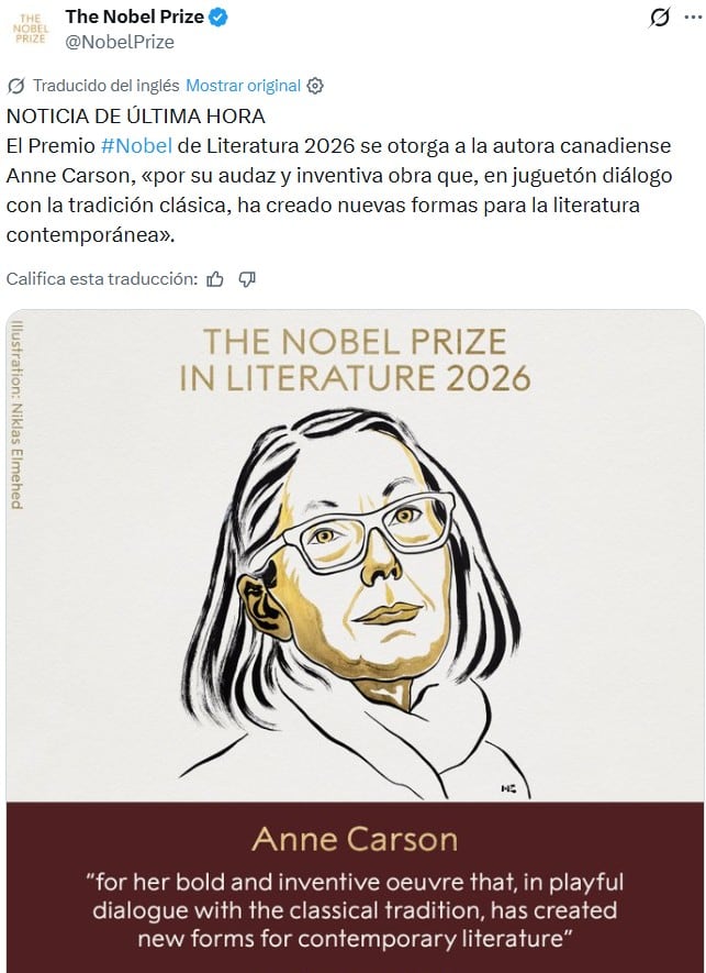 Anne Carson, ganadora del Premio Nobel de Literatura