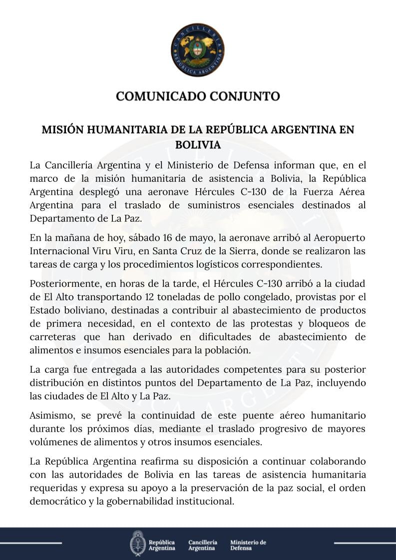 El comuncado de cancillería sobre la intervención argentina en Bolivia