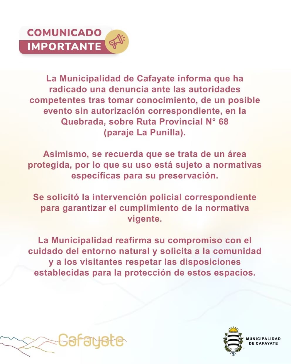 El comunicado de la municipalidad de Cafayate