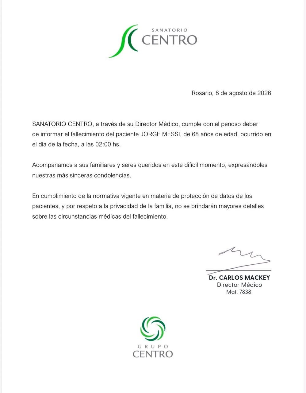 Comunicado del sanatorio por la muerte de Jorge Messi