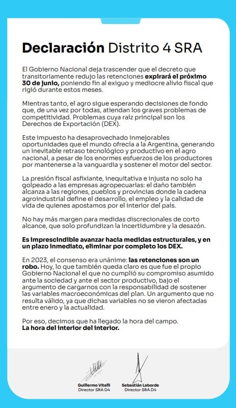 La declaración del Distrito 4 de la Rural