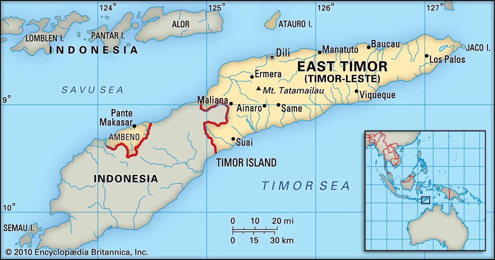 Timor Oriental, país insular en las Islas Menores de la Sonda orientales, en el extremo sur del archipiélago malayo