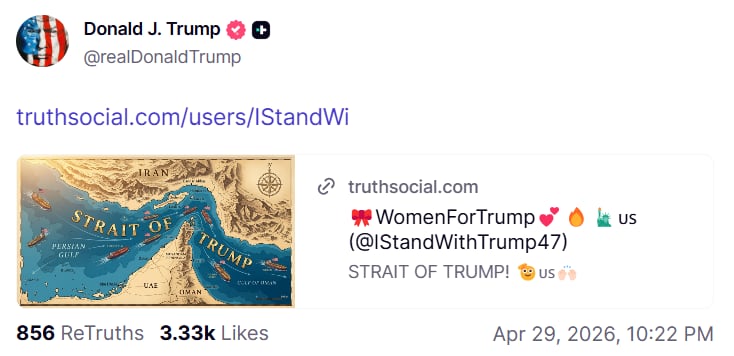 Estrecho de Trump, el nombre con el que se señala al estrecho de Ormuz en la polémica imagen compartida en Truth Social por Donald Trump