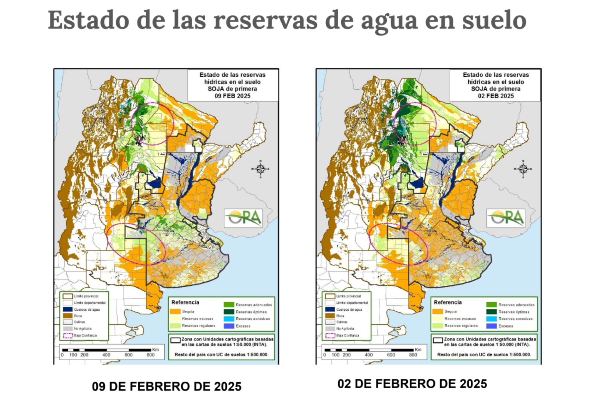 A la izquierda, la reserva de agua en la semana actual; a la derecha, la reserva correspondiente a la semana anterior