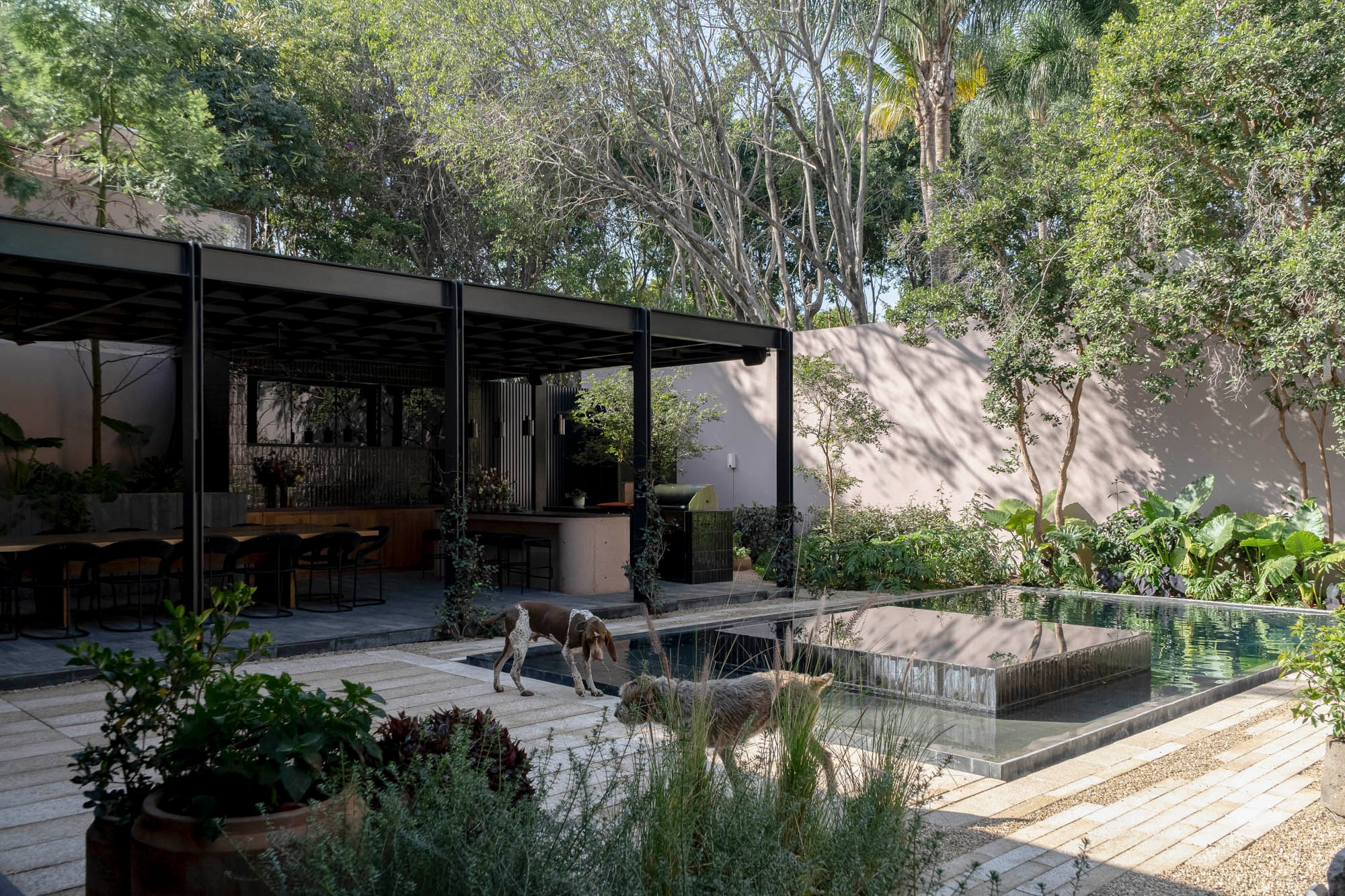 La pileta pintada de gris, con un jacuzzi en el medio, está entre la casa y el quincho con parrilla del fondo