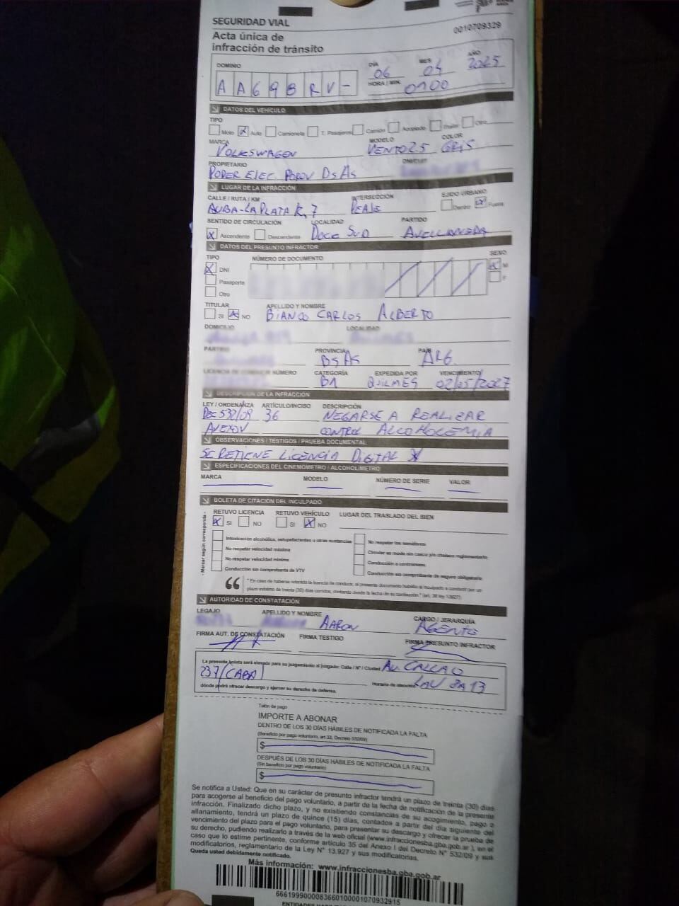 Acta de infracción a Carlos Bianco