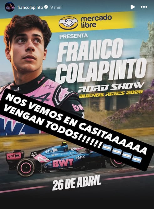 Franco Colapinto realizará una exhibición en Buenos Aires durante la pausa de la Fórmula 1 4 La historia de Franco Colapinto, en donde confirma su exhibición en la Argentina (https://www.instagram.com/francolapinto)