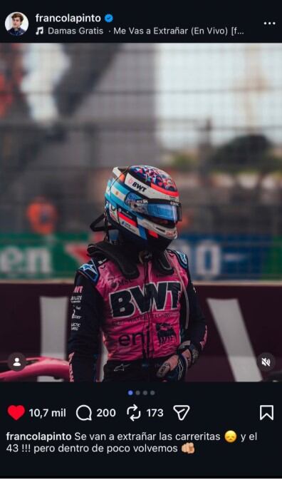 El posteo original de Colapinto que llamó la atención