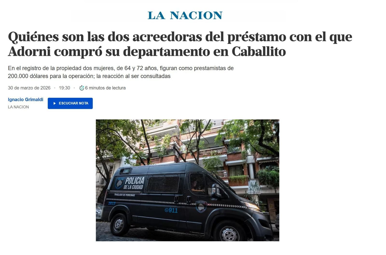 Captura de pantalla de la nota de Ignacio Grimaldi sobre las acreedoras del préstamo que usó Adorni para comprar un departamento en Caballito