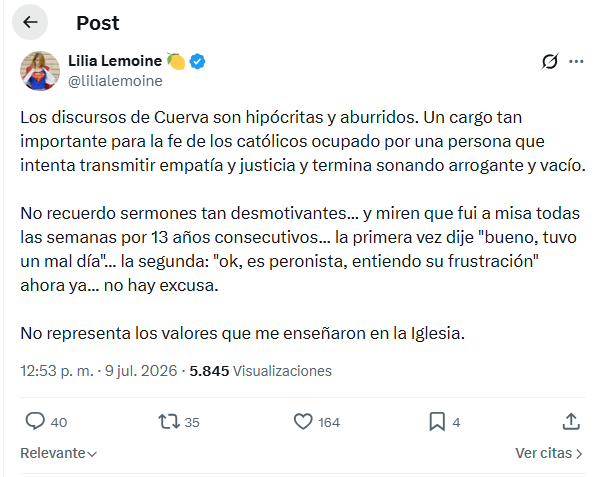 El posteo de Lilia Lemoine en X
