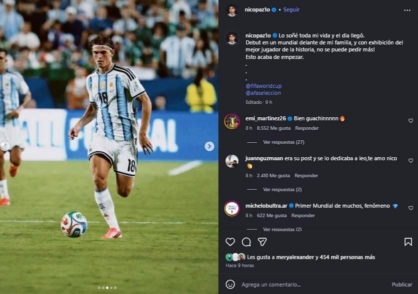 El emotivo posteo de Nico Paz tras debutar en el Mundial.