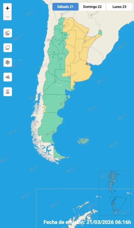 Mapa de alertas para este sábado 21 de marzo.