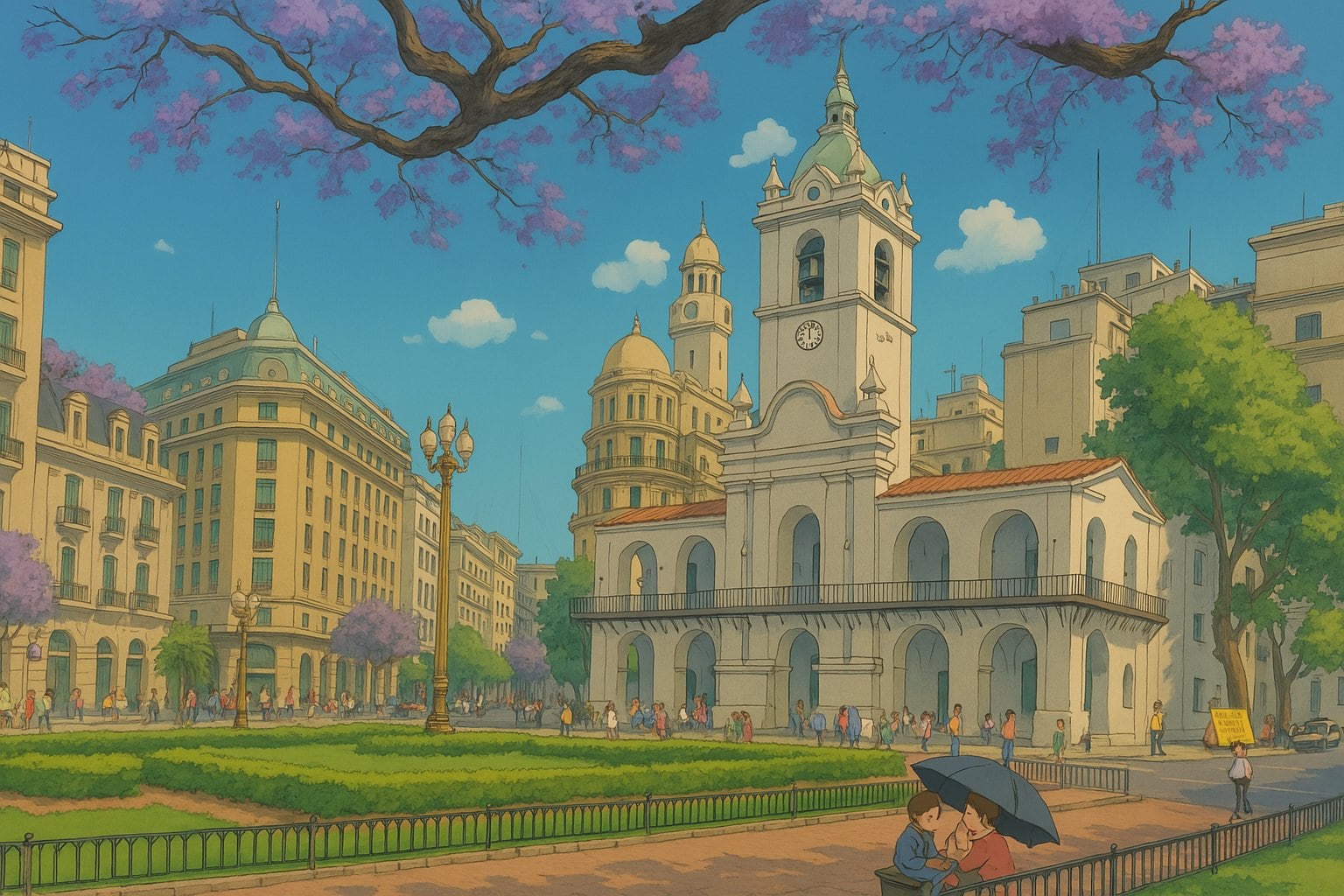 La Plaza de Mayo generada con inteligencia artificial bajo la inspiración de Estudio Ghibli. Crédito: Argentina Ghibli.