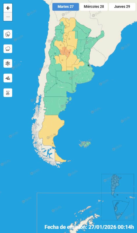 Las alertas emitidas por el SMN para este martes 27 de enero