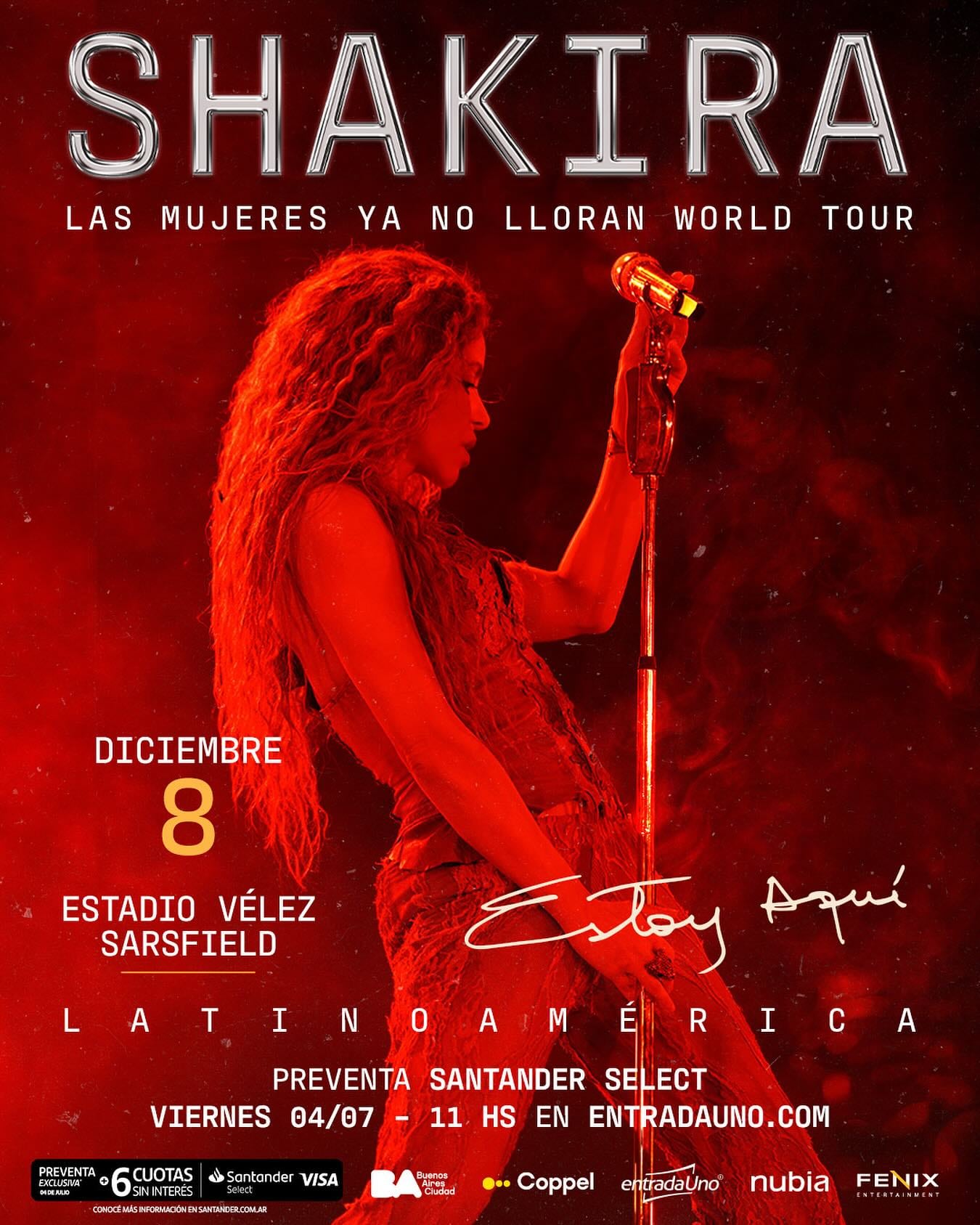 Shakira se presentará el ocho de diciembre en el estadio de Vélez