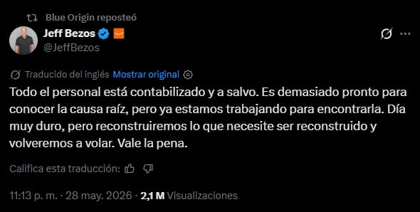 El mensaje de Jeff Bezos tras las explosión del cohete New Glenn