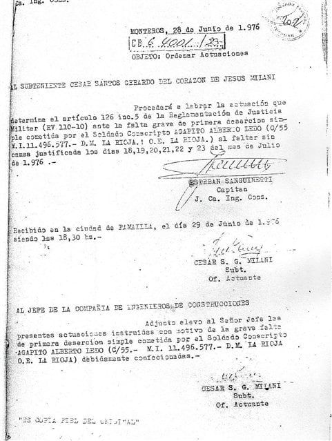 Milani en 1976 firmó el acta de deserción de Ledo, que incluyó varias irregularidades