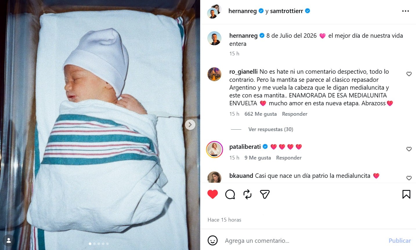 Samantha Trottier y Hernán Regiardo anunciaron la llegada de su primera hija en redes sociales (Captura: Instagram @hernanreg / @samtrottierr)