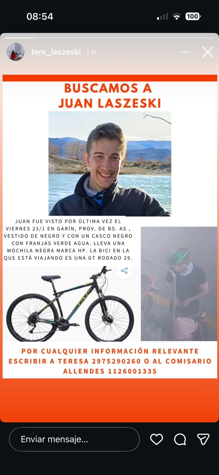 Laszeski fue visto por el viernes 23 en la localidad bonaerense de Garín.