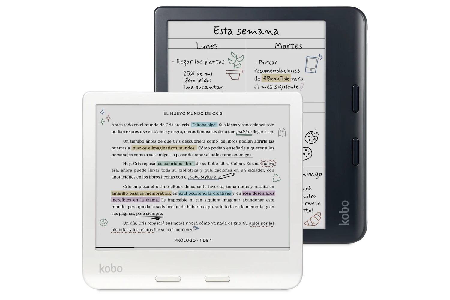 Un lector de libros electrónicos Kobo Libra Colour, con pantalla de tinta electrónica de 7 pulgadas; es compatible con un lápiz para escribir en pantalla y tomar notas manuscritas