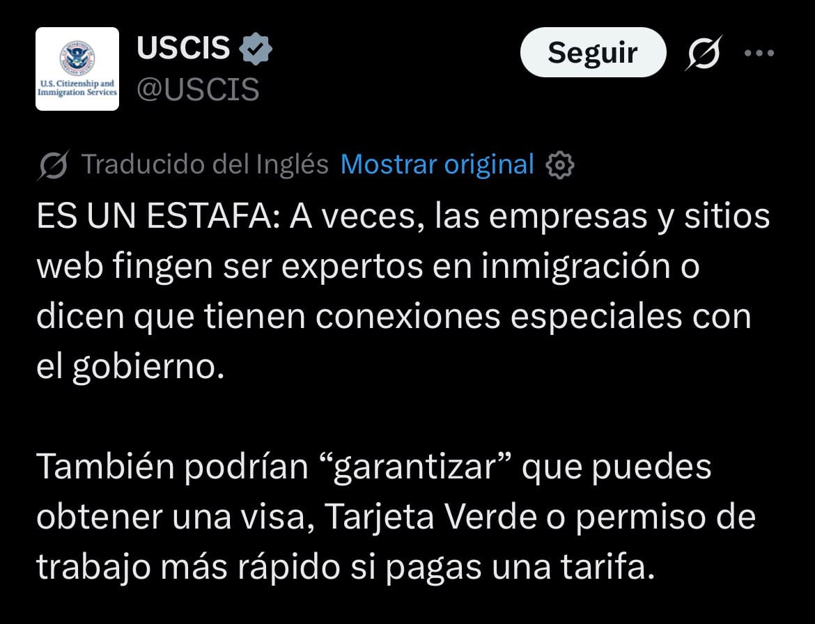 El Uscis publicó en X una advertencia sobre empresas que prometen acceso privilegiado a trámites migratorios