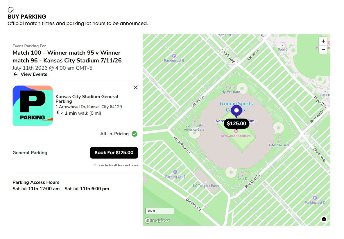 Los horarios del estacionamiento y de los partidos en el sitio son provisionales; los oficiales se confirmarán más adelante (JustPark)