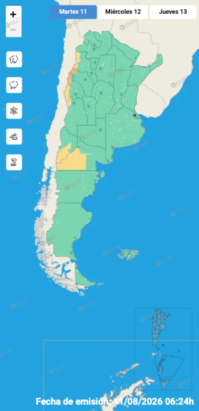 El mapa de alertas del SMN para la jornada