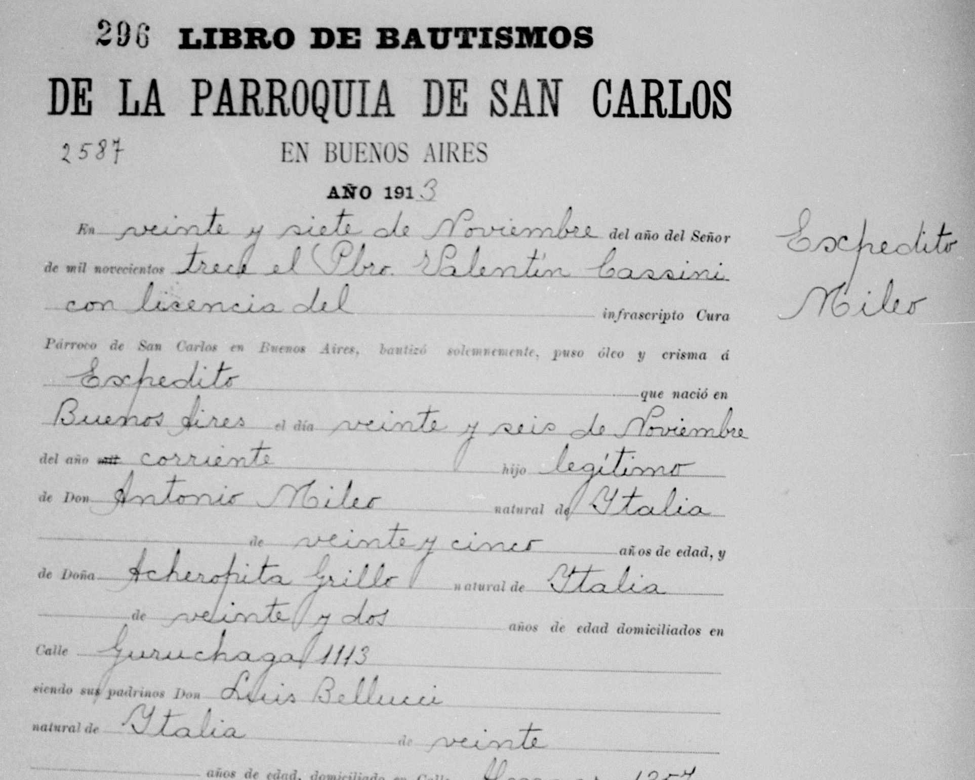 Expedito, tío abuelo de Javier Milei, fue bautizado en Buenos Aires como