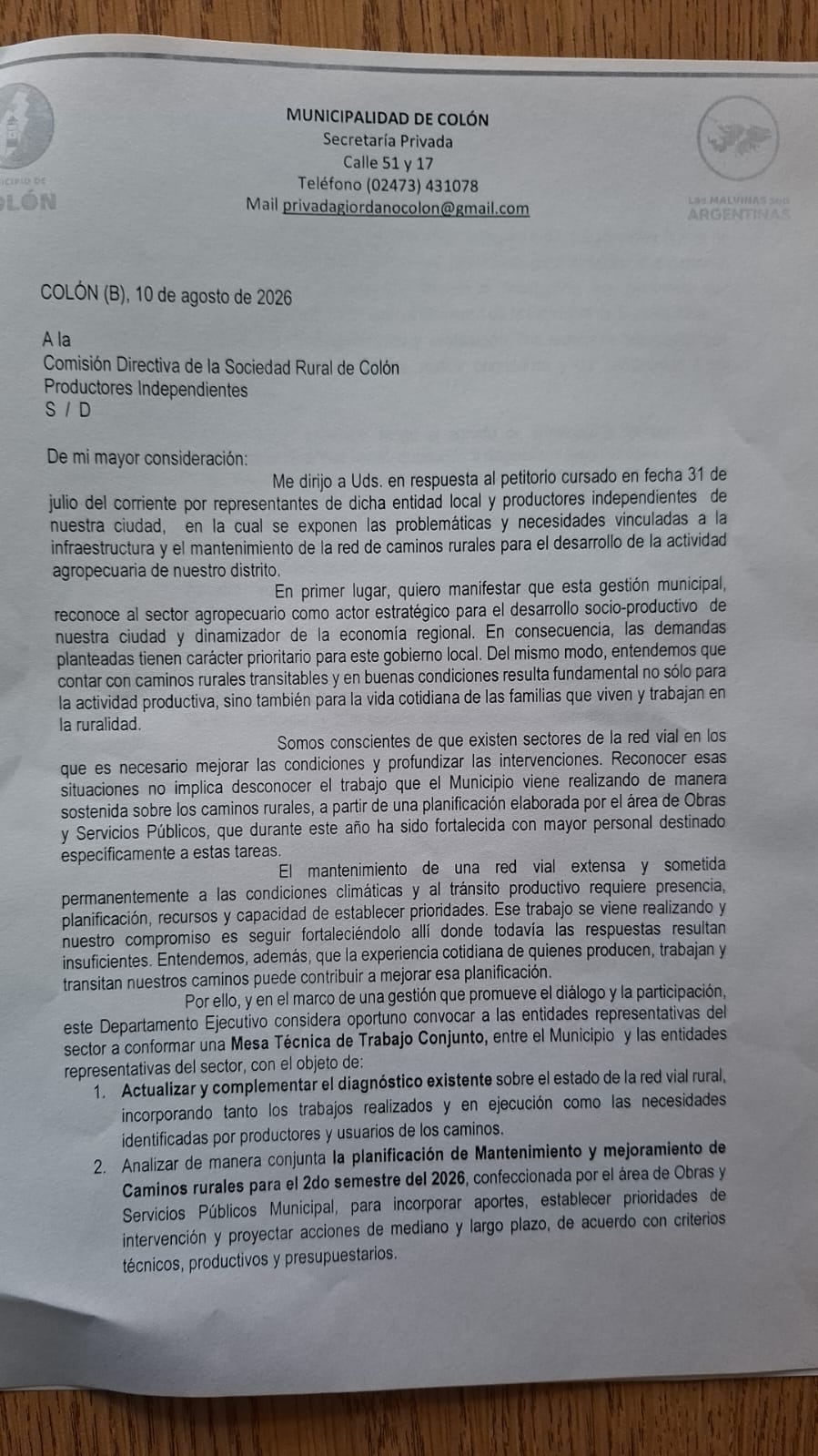 La carta que el intendente les envió a los productores